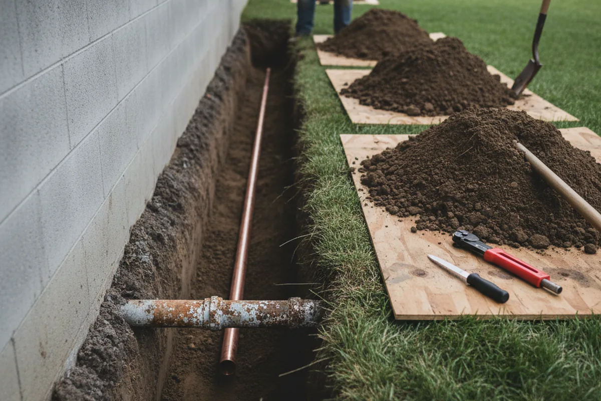Excavated water line trench during Water Heater Repair in Gordon